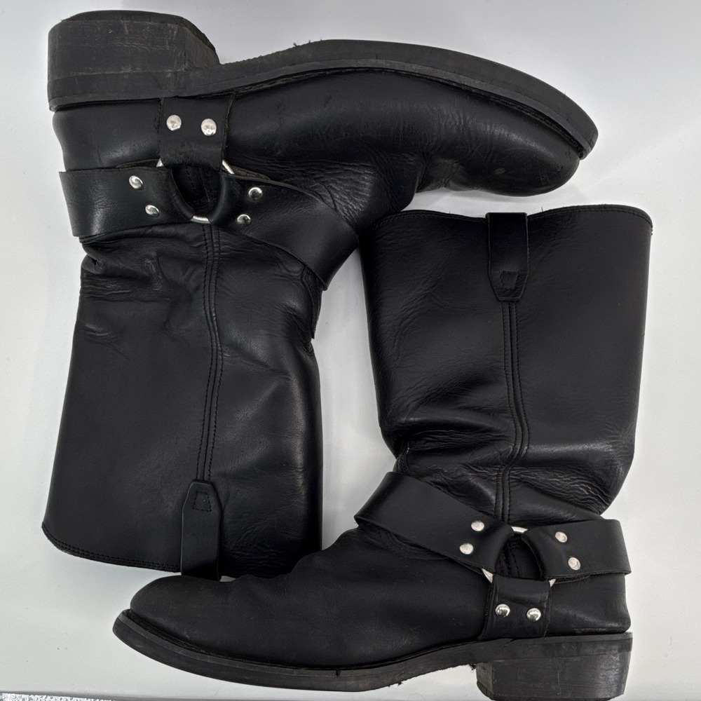 Harness motorcycle boots men's 12 pull-On Mid-Calf Black leather No Insoles
